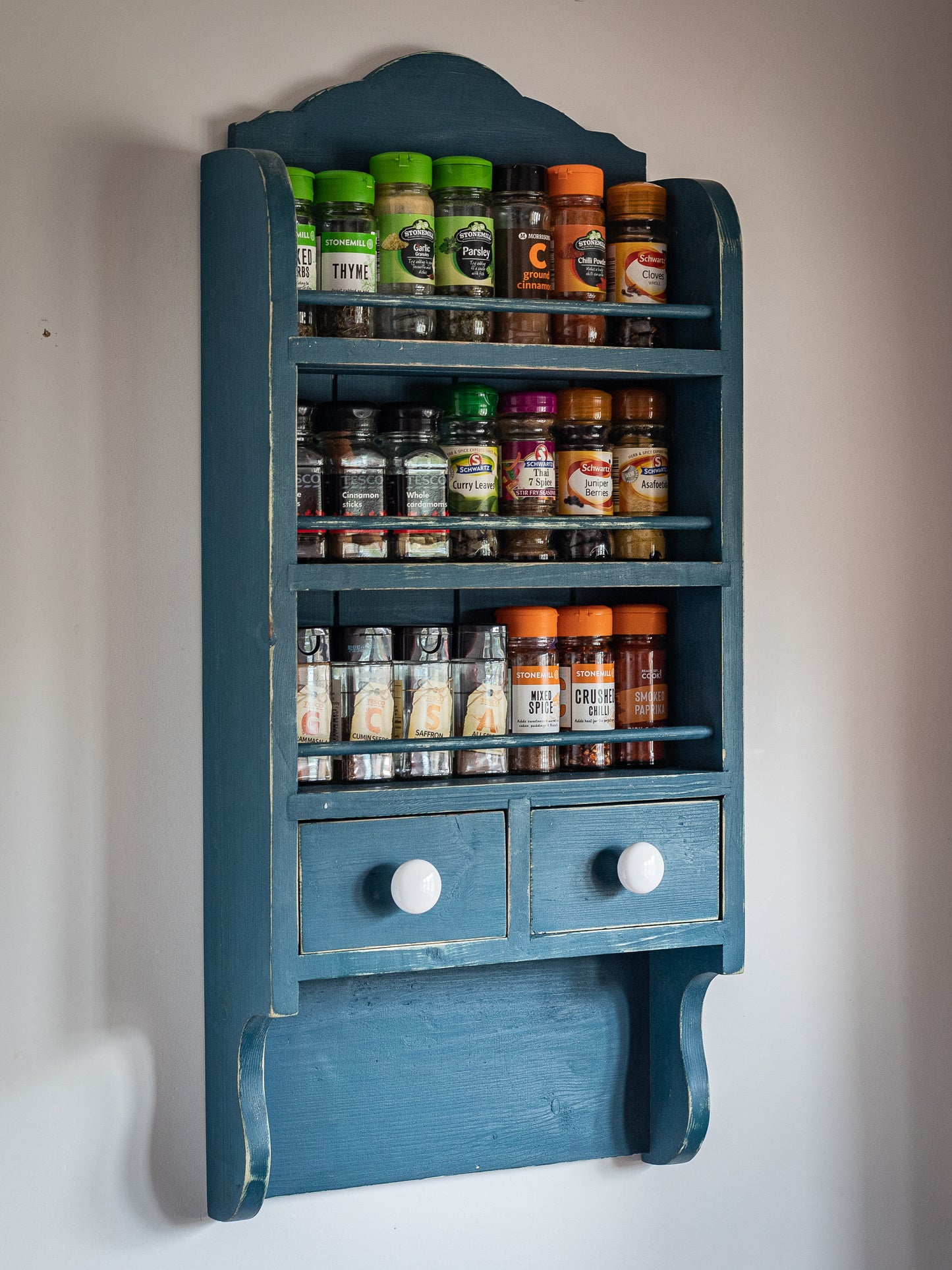 Rustic, painted, farmhouse style, antique blue, vintage, French style spice rack.