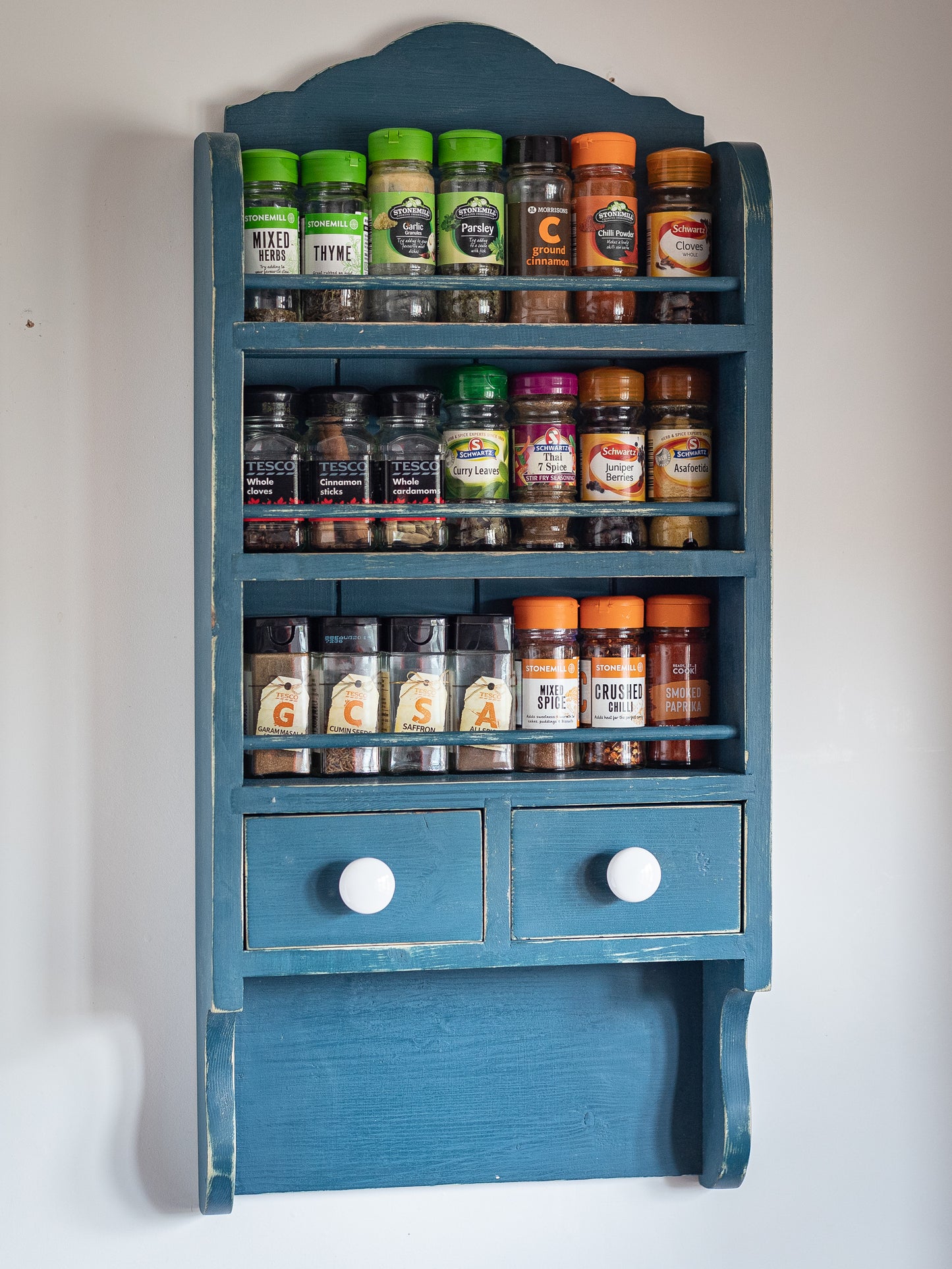 Rustic, painted, farmhouse style, antique blue, vintage, French style spice rack.