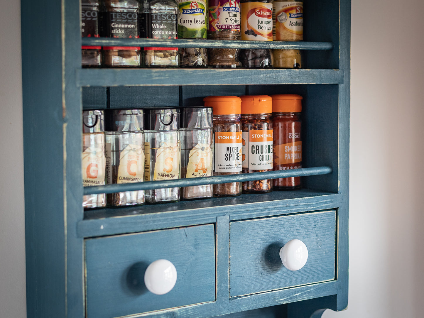 Rustic, painted, farmhouse style, antique blue, vintage, French style spice rack.