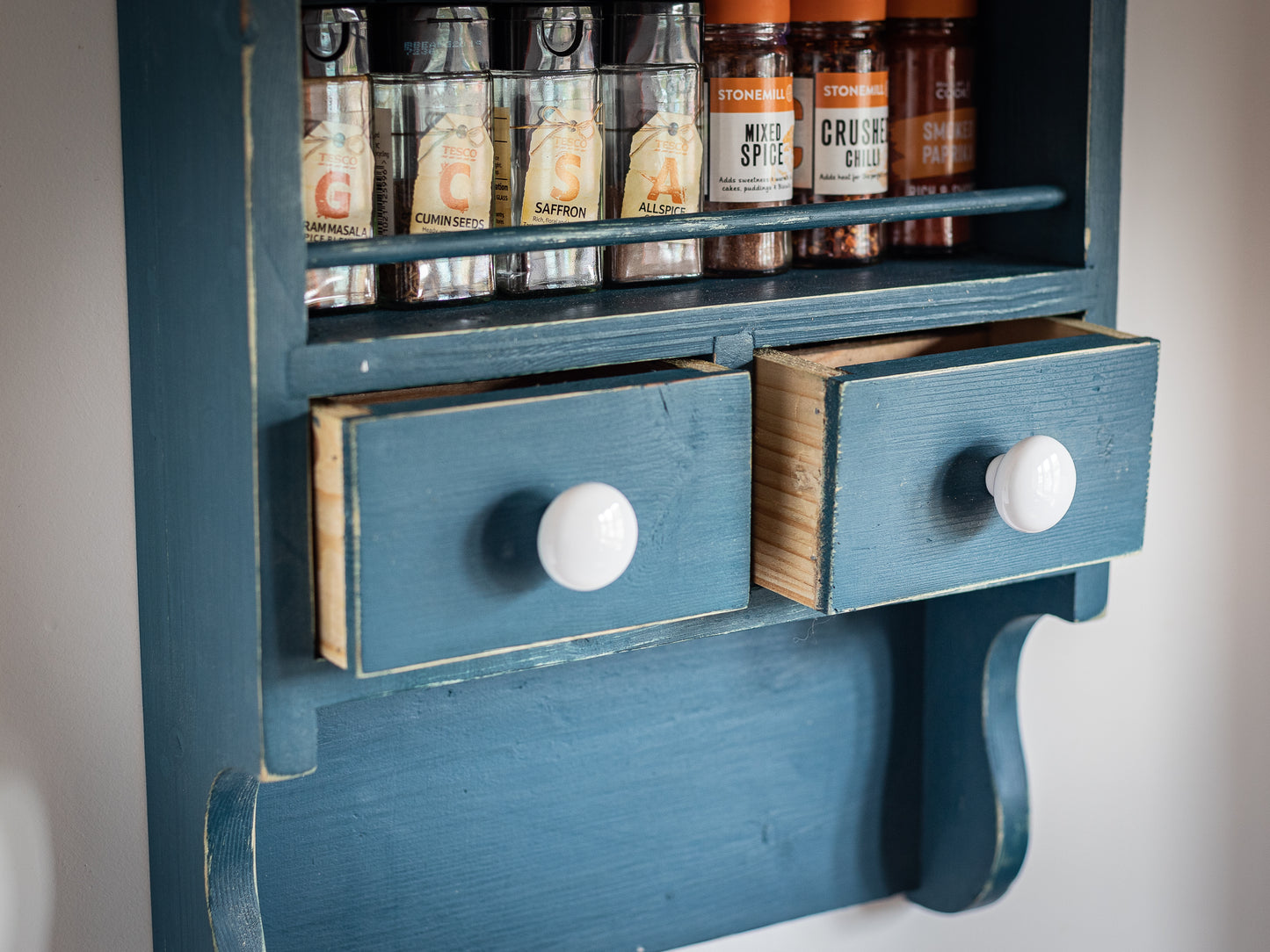 Rustic, painted, farmhouse style, antique blue, vintage, French style spice rack.