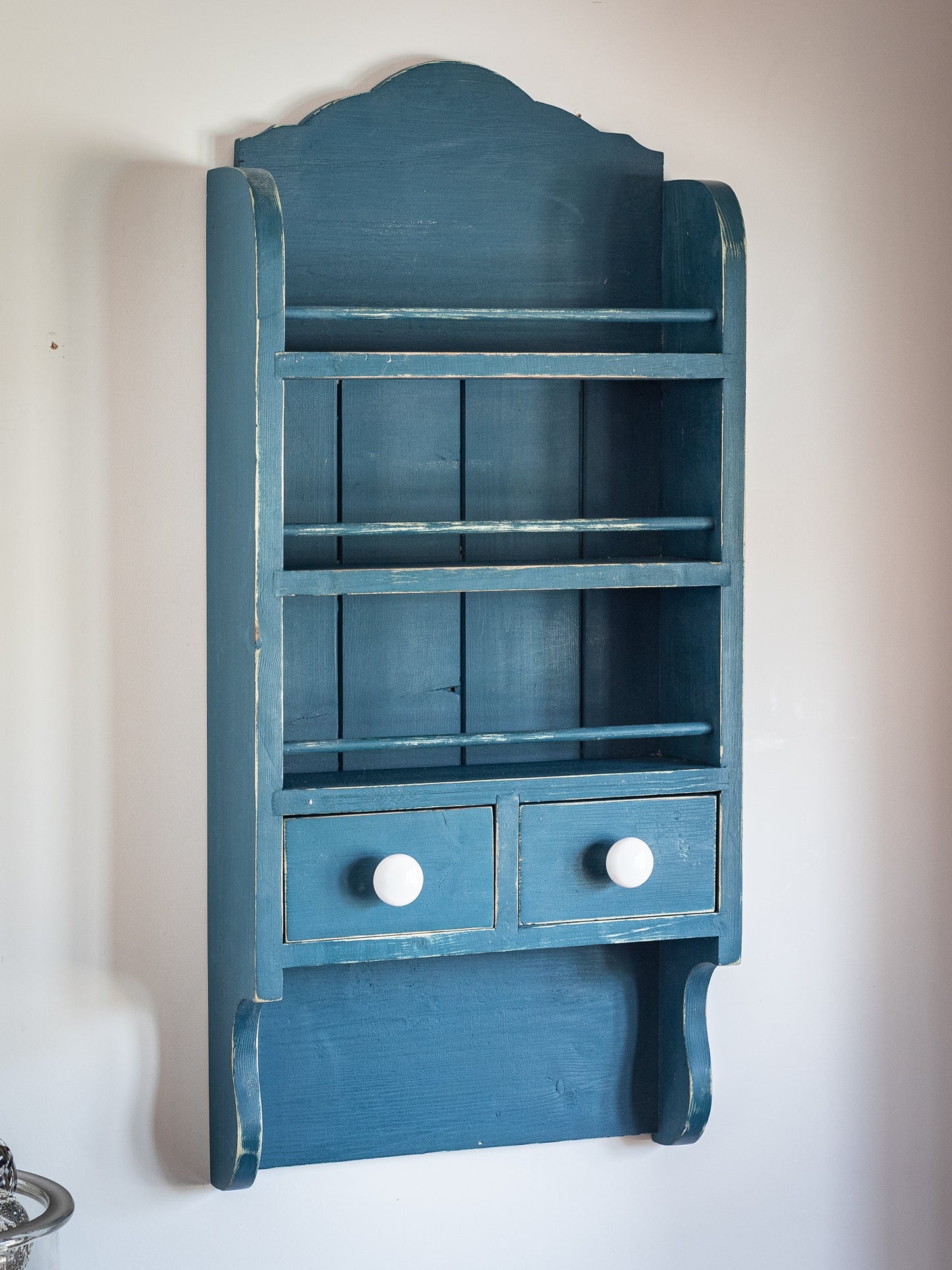 Rustic, painted, farmhouse style, antique blue, vintage, French style spice rack.