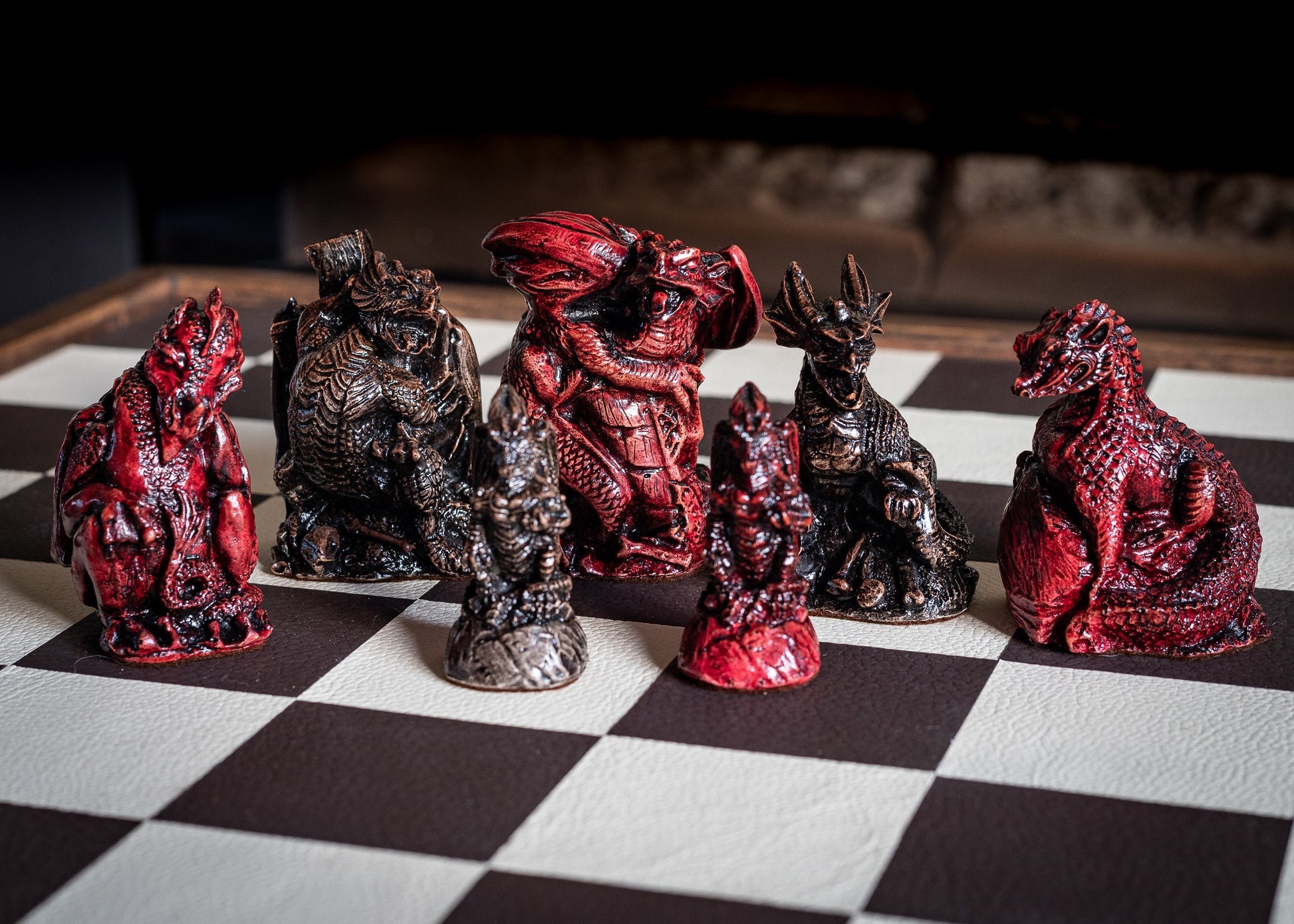 Made To Order – Chess set, Dragons design in ebony and aged red colour. BOARD NOT INCULDED