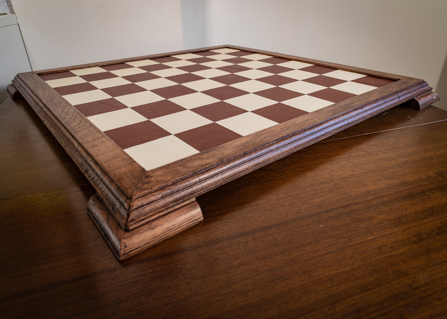 Made to order Chessboard finished in leather, with matching oak trim, 2 3/4"(70mm) squares. BOARD ONLY. Please note these are not in stock.