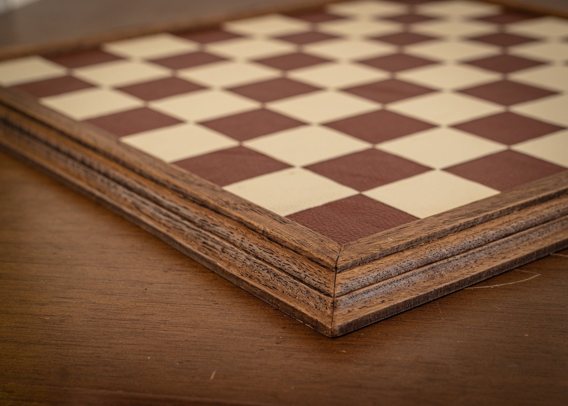 Made to order Chessboard finished in leather, with matching oak trim, 1 1/2"(40mm) squares. BOARD ONLY. Please note these are not in stock.