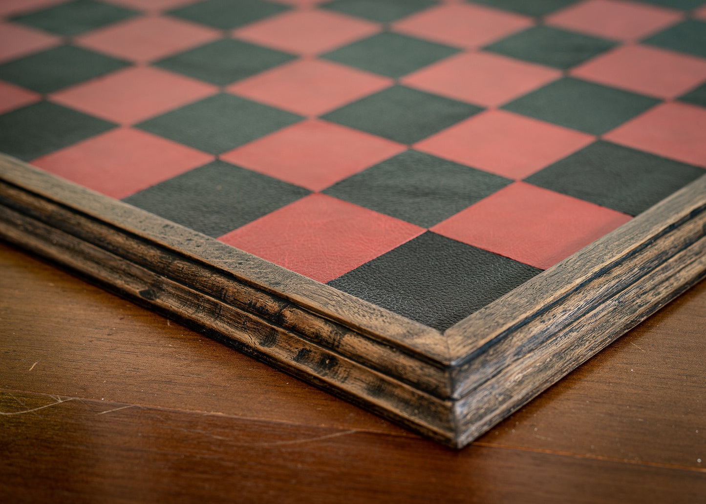 Made to order Chessboard finished in leather, with matching oak trim, 2 3/4"(70mm) squares. BOARD ONLY. Please note these are not in stock.