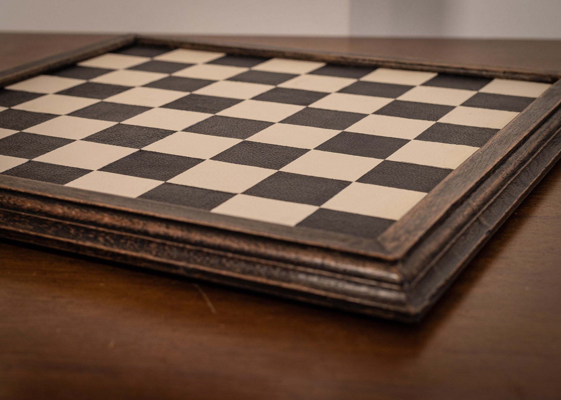 Made to order Chessboard finished in leather, with matching oak trim, 2 3/4"(70mm) squares. BOARD ONLY. Please note these are not in stock.