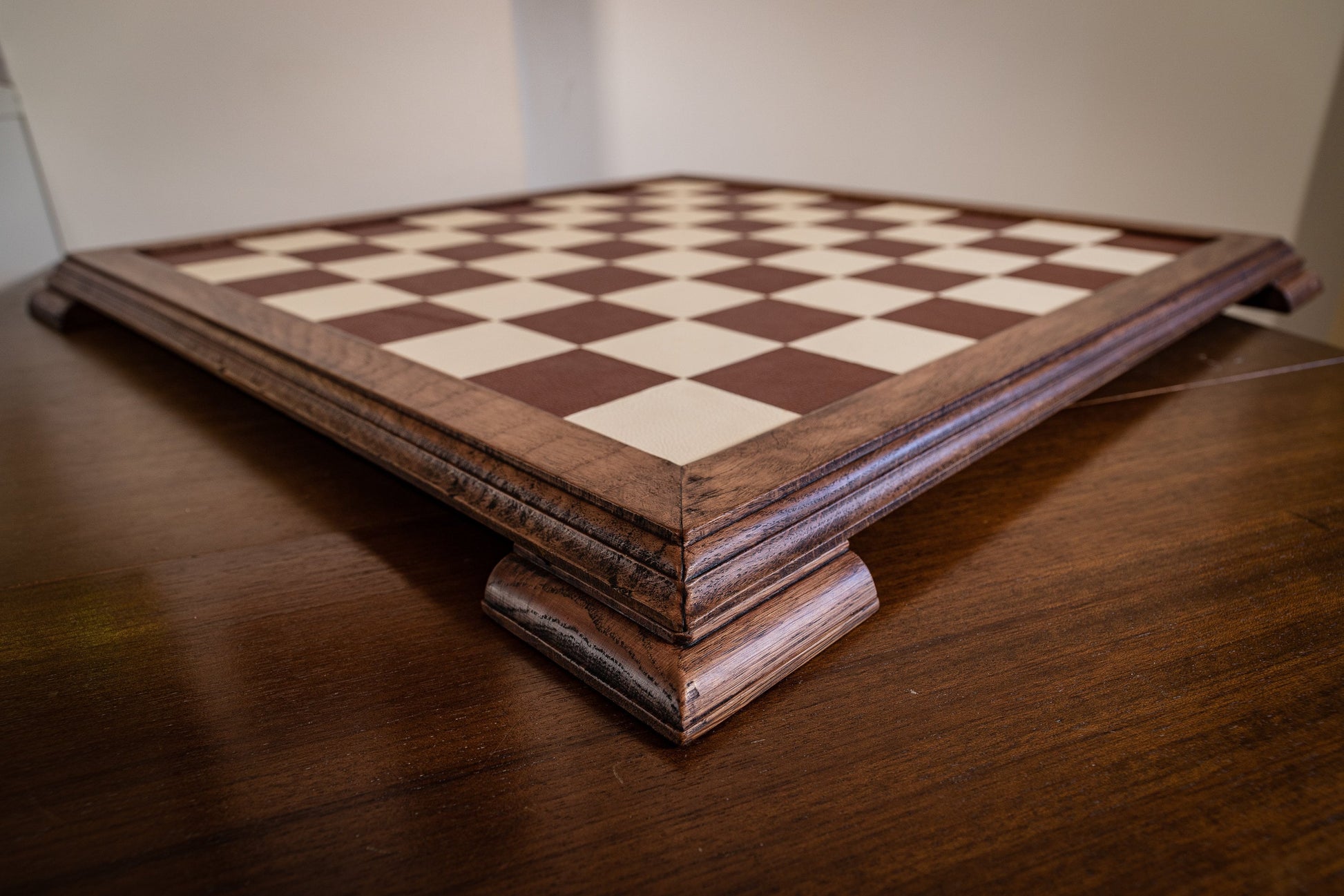 Made to order Chessboard finished in leather, with matching oak trim, 2 3/4"(70mm) squares. BOARD ONLY. Please note these are not in stock.