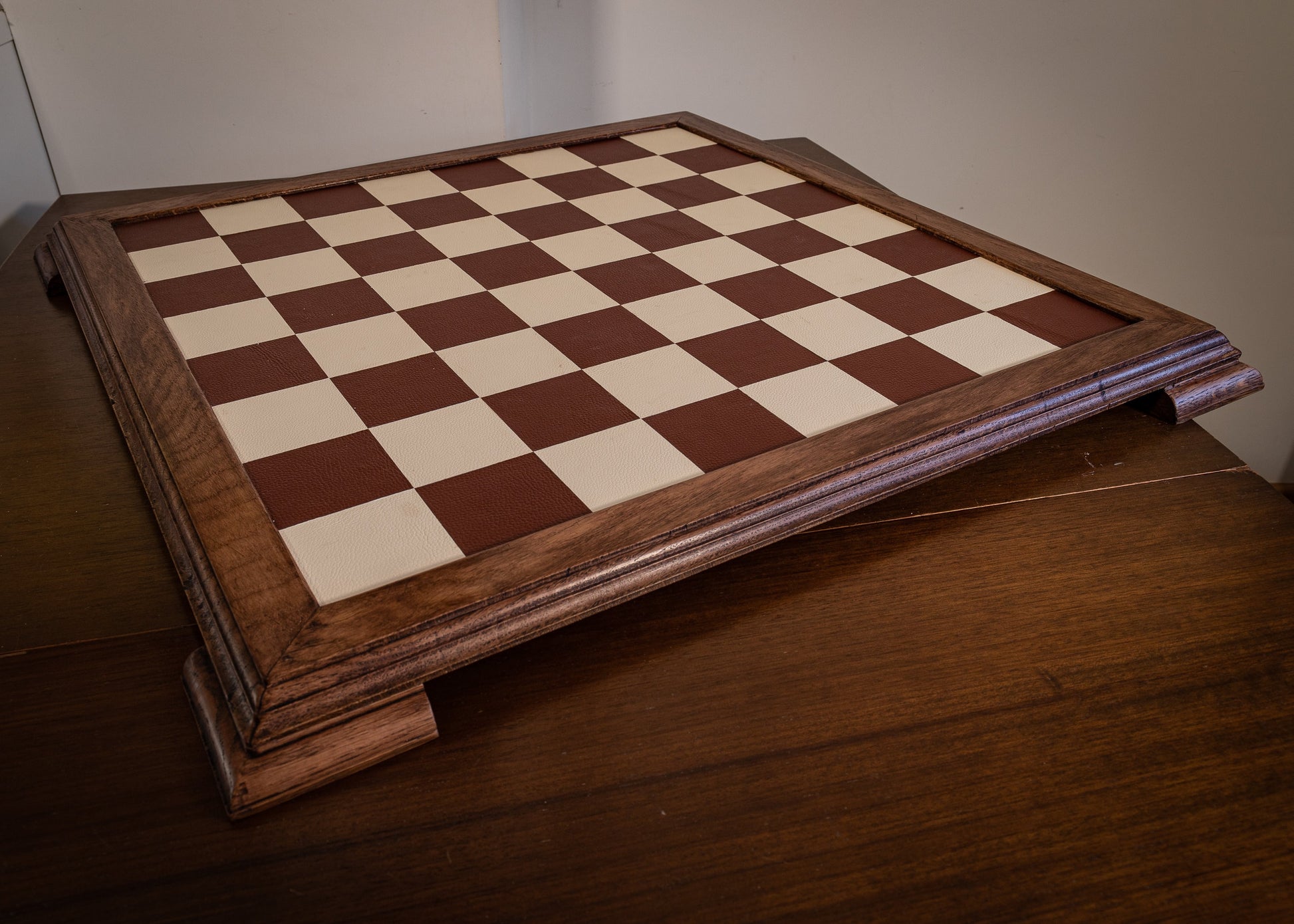 Made to order Chessboard finished in leather, with matching oak trim, 2 3/4"(70mm) squares. BOARD ONLY. Please note these are not in stock.