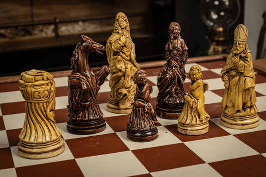 Special Offer Price – Chess set, Louis xiv design in an aged cream and rosewood colour. BOARD NOT INCULDED