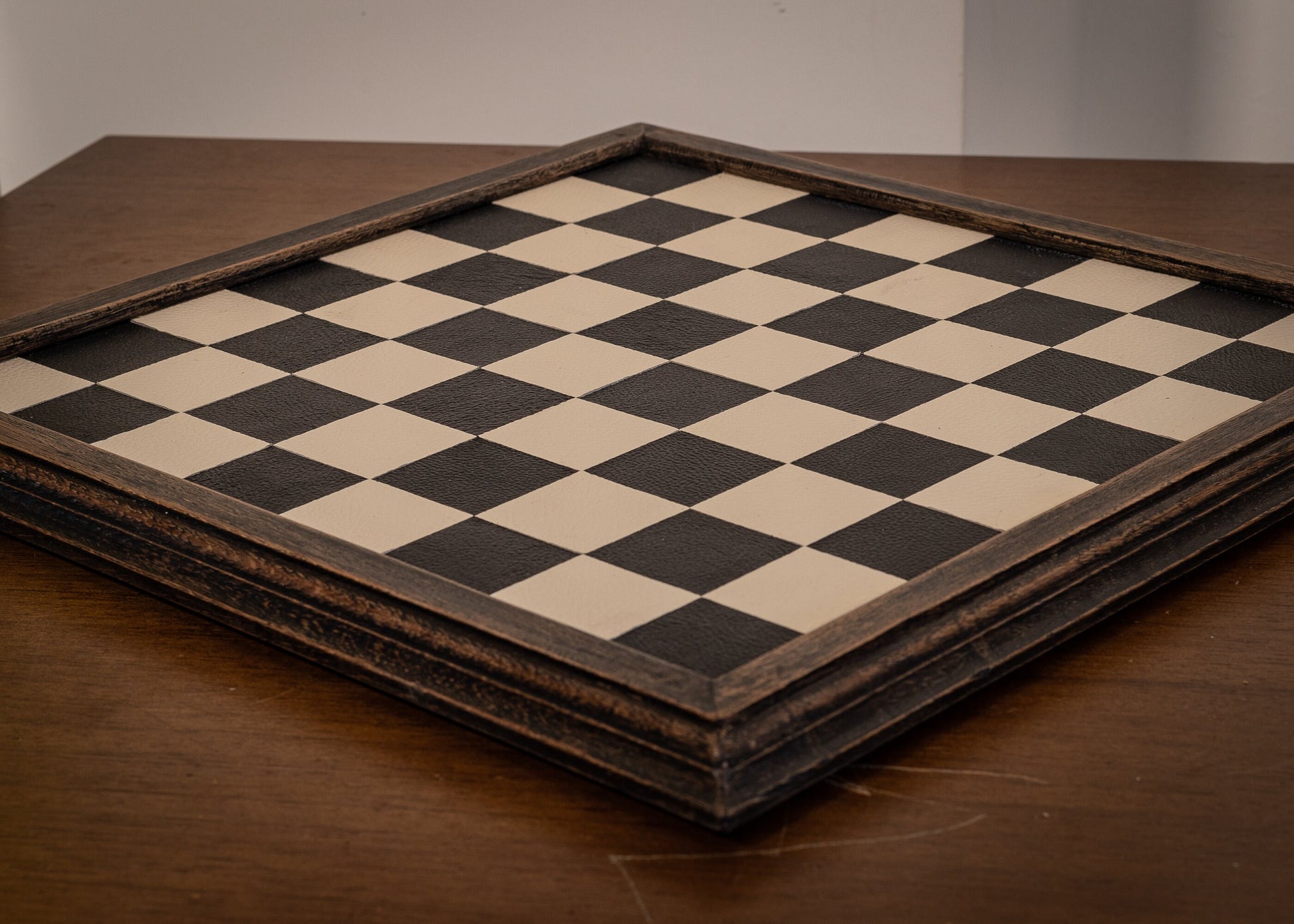 Made to order Chessboard finished in leather, with matching oak trim, 1 1/2"(40mm) squares. BOARD ONLY. Please note these are not in stock.