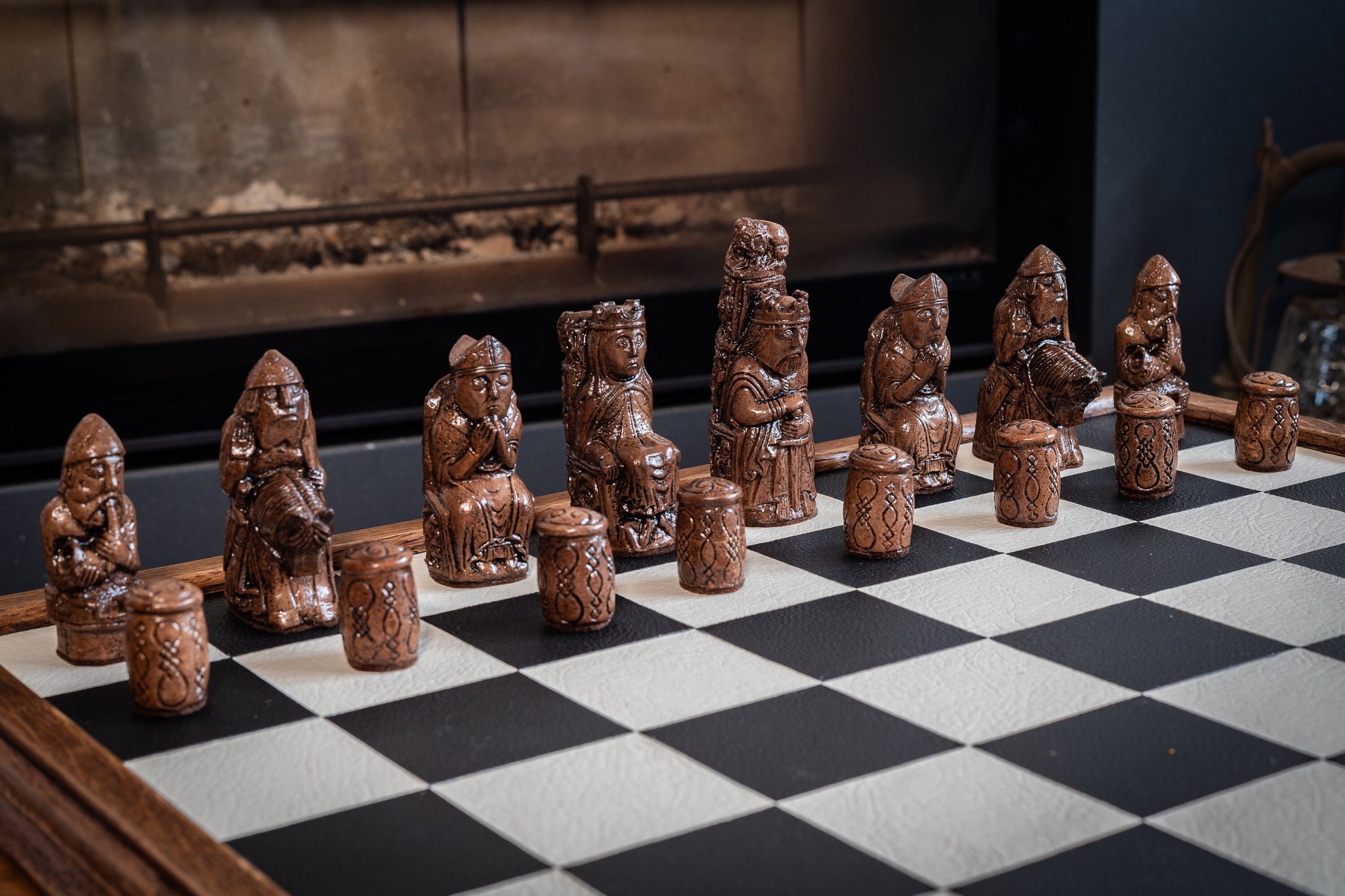 Made to order – Chess set, Gothic medieval design in a medium and dark oak colour. BOARD NOT INCULDED