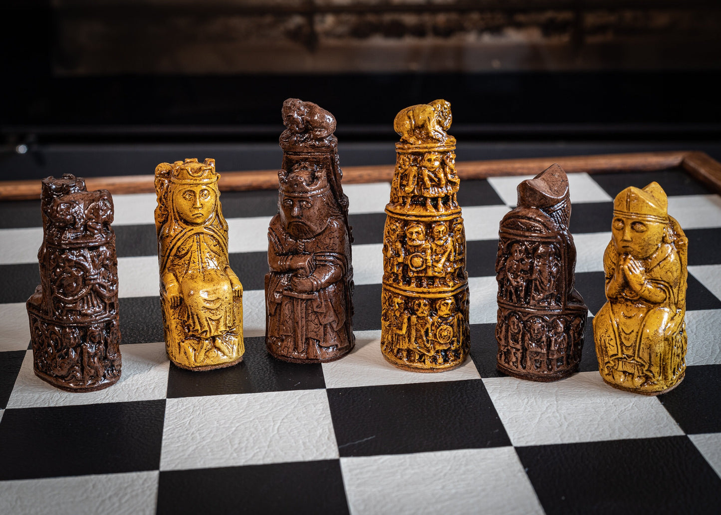 Made to order – Chess set, Gothic medieval design in a medium and dark oak colour. BOARD NOT INCULDED