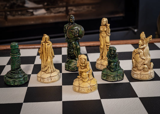 Made to order – Chess set, Fantasy design in an aged cream and dark green colour. BOARD NOT INCULDED