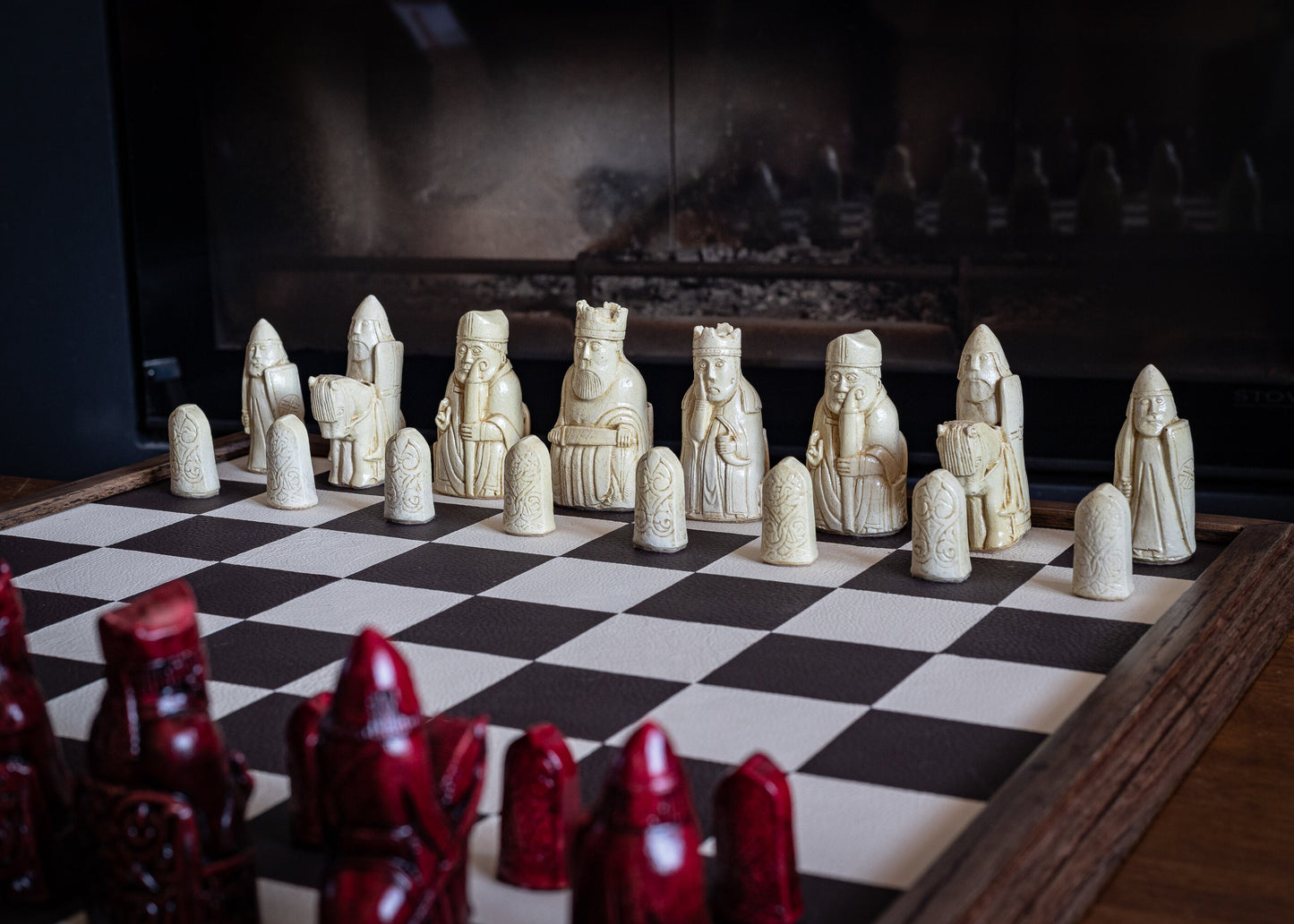 Made to order – Chess set, Lewis No.1 design in a stone and aged red colour. BOARD NOT INCULDED