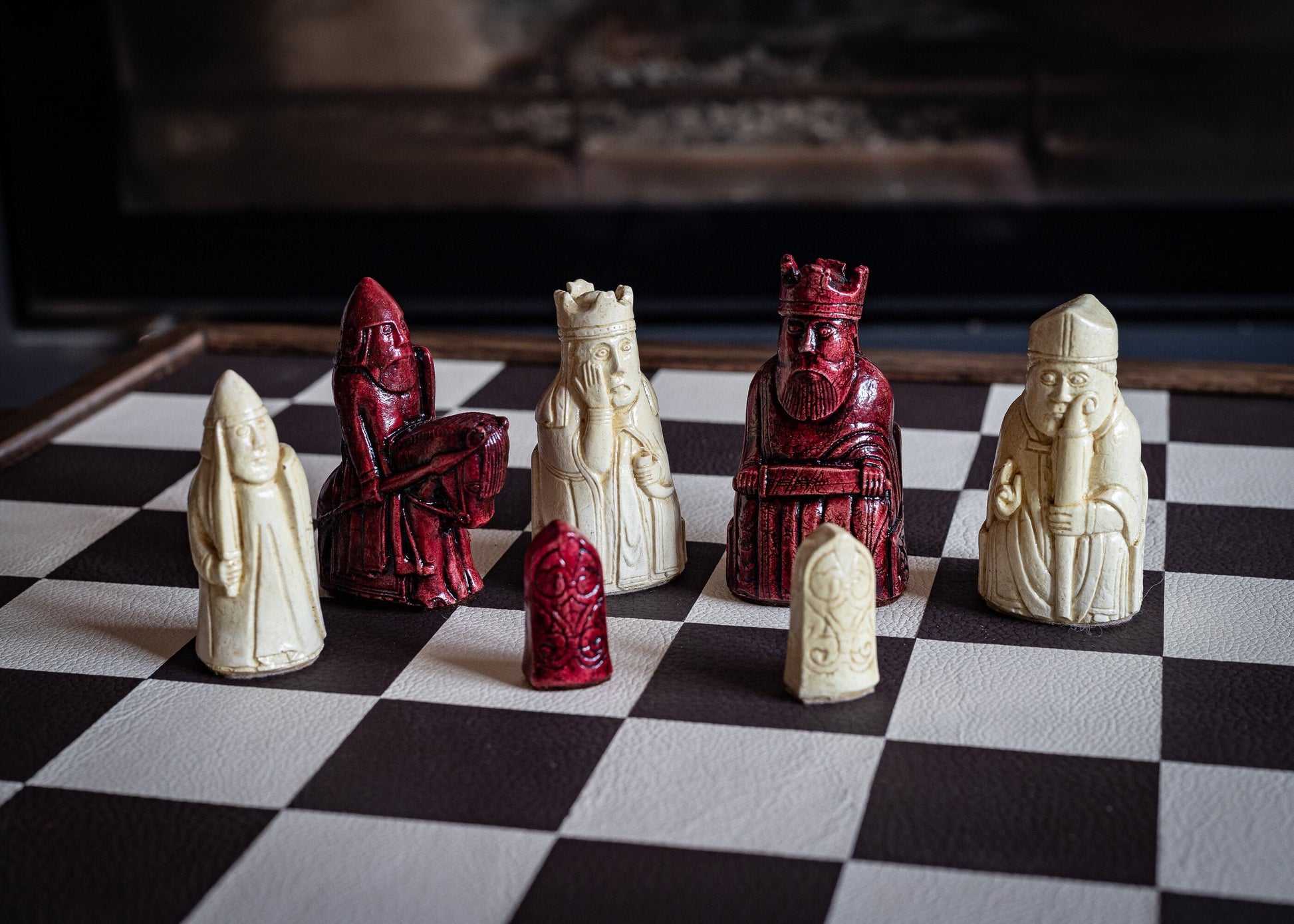 Made to order – Chess set, Lewis No.1 design in a stone and aged red colour. BOARD NOT INCULDED