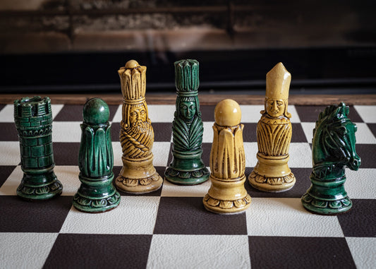 Made to order – Chess set, Victorian design in aged cream and green. BOARD NOT INCULDED