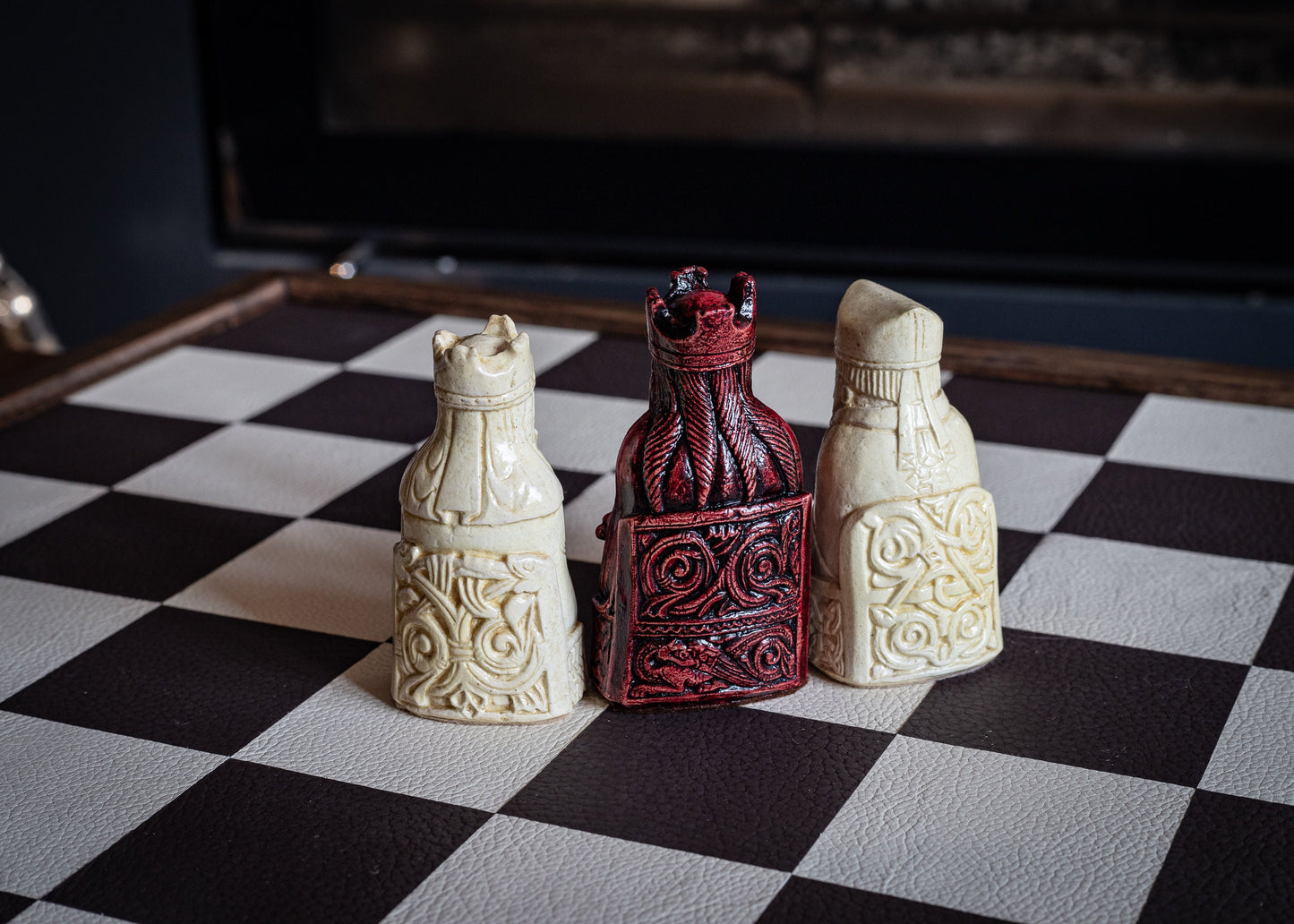 Made to order – Chess set, Lewis No.1 design in a stone and aged red colour. BOARD NOT INCULDED