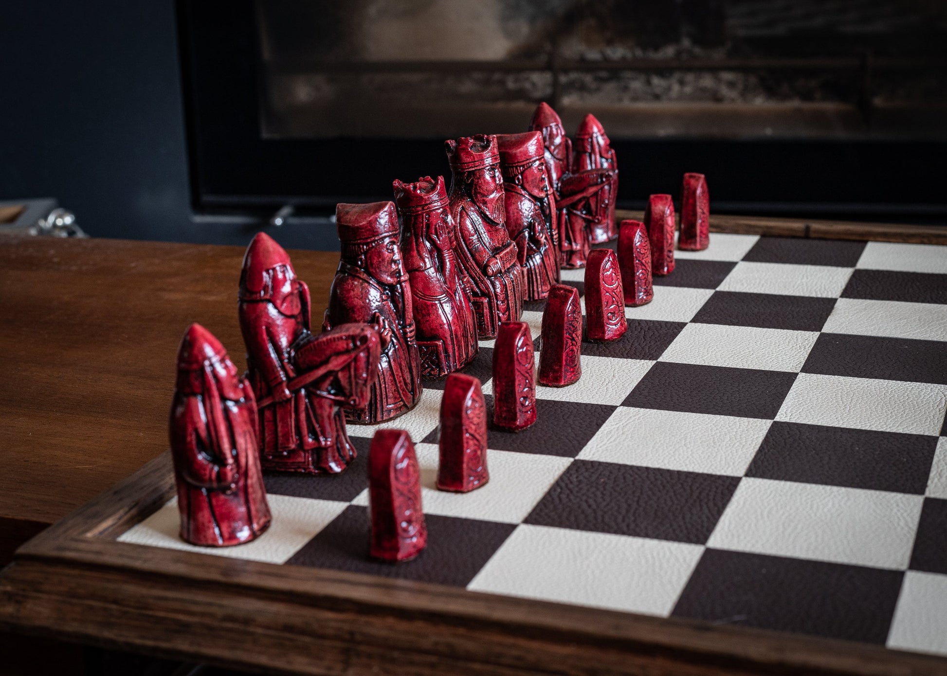 Made to order – Chess set, Lewis No.1 design in a stone and aged red colour. BOARD NOT INCULDED