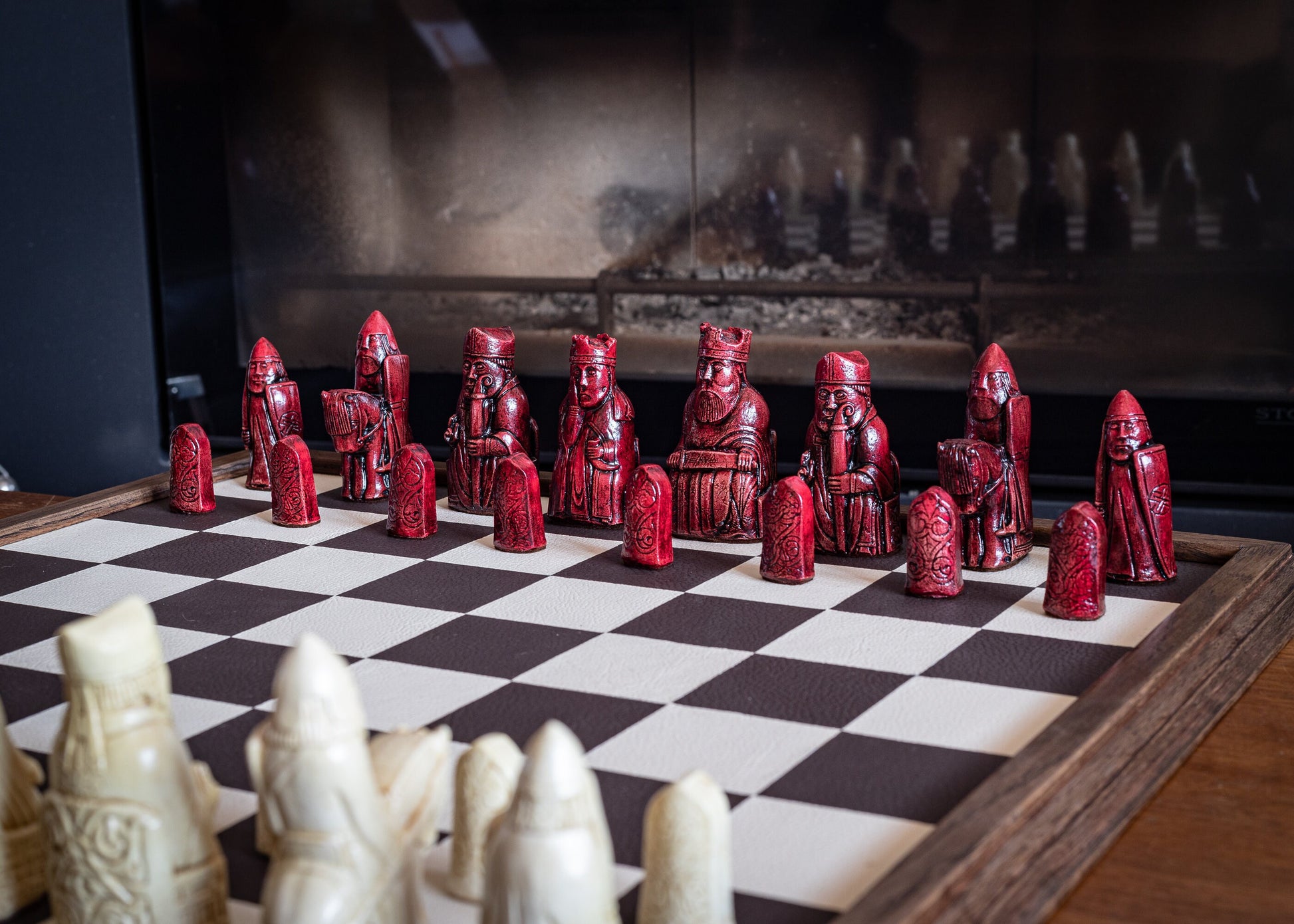 Made to order – Chess set, Lewis No.1 design in a stone and aged red colour. BOARD NOT INCULDED