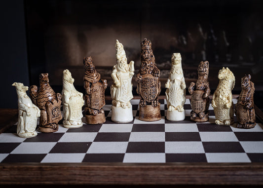 Made to order – Chess set, Queen's or Royal Beasts, for Queen Elizabeth ii, in a stone and walnut colour. BOARD NOT INCULDED