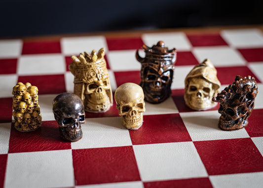 Made to order – Chess set, Skulls design in aged cream and dark oak colour. BOARD NOT INCULDED