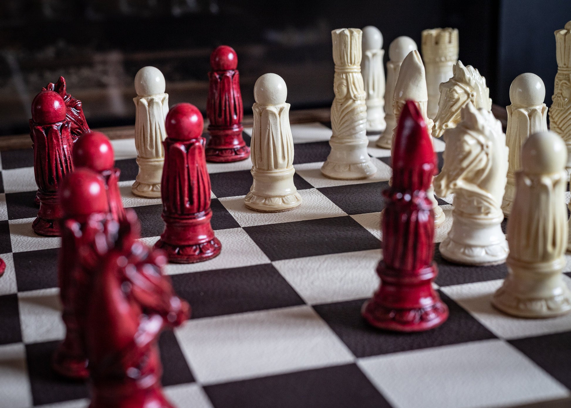 Made to Order - Chess set, Victorian design in a stone and aged red. BOARD NOT INCULDED