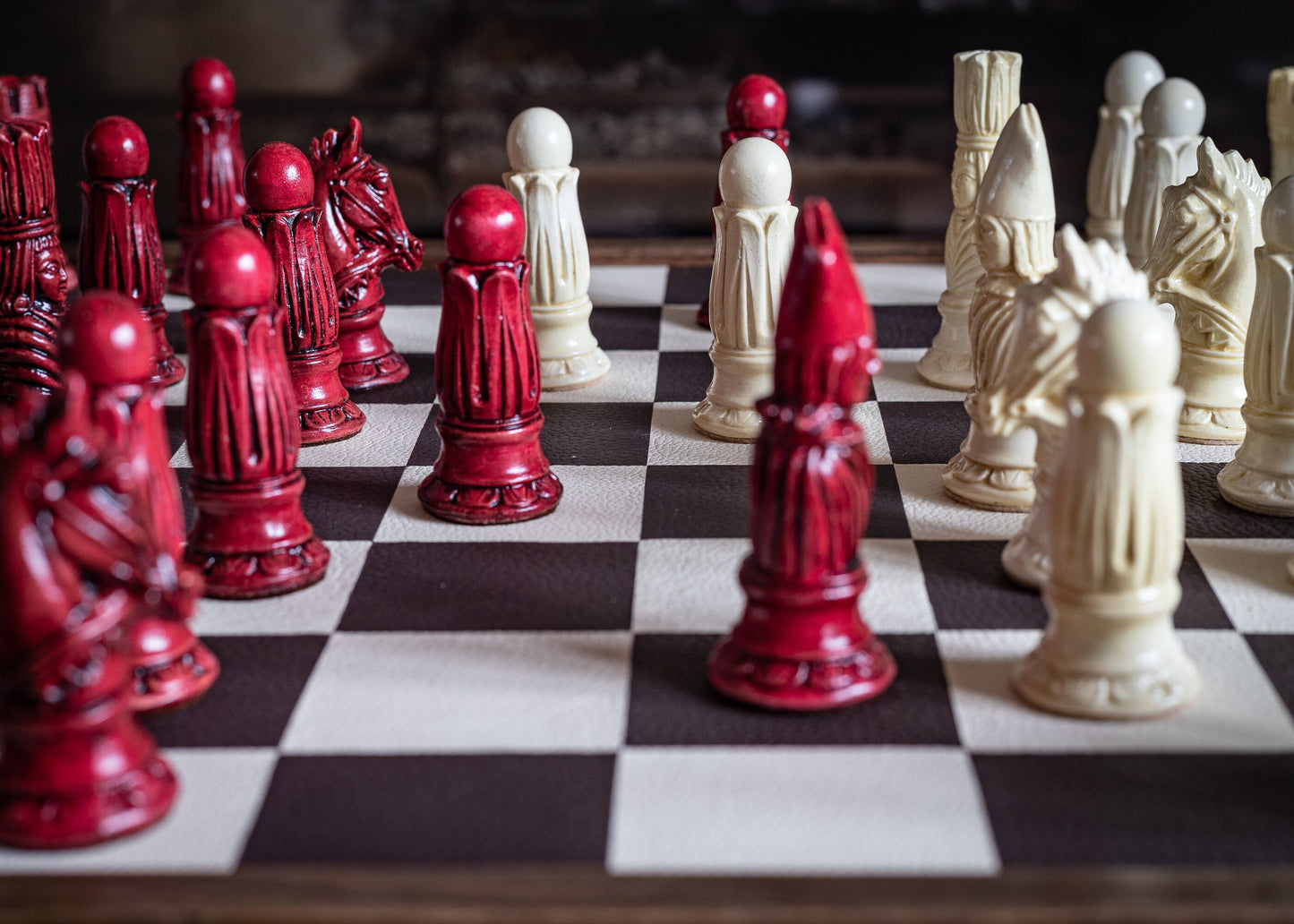 Made to Order - Chess set, Victorian design in a stone and aged red. BOARD NOT INCULDED