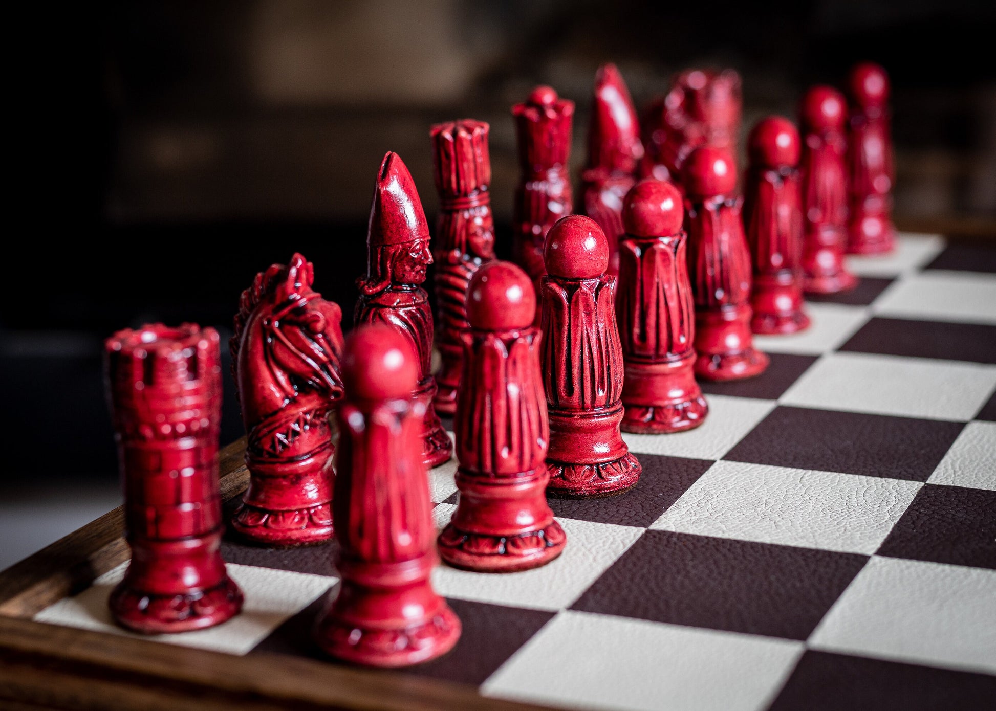 Made to Order - Chess set, Victorian design in a stone and aged red. BOARD NOT INCULDED