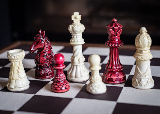 Made to order – Chess set, Ornate Staunton design in stone and aged red. BOARD NOT INCULDED