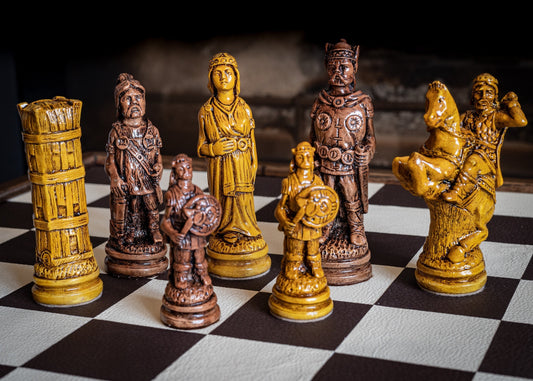 Made to order – Chess set, Viking design in a medium and dark oak colour. BOARD NOT INCULDED