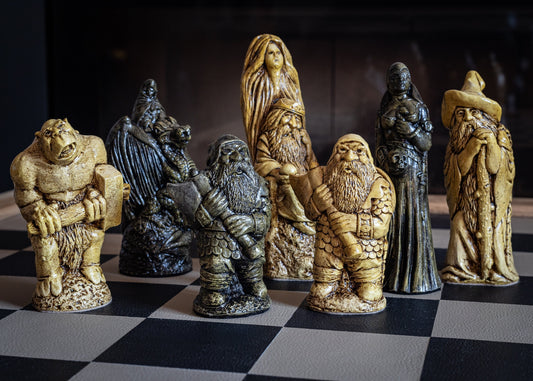 Made to order – Chess set, Spellmaster or large fantasy, in aged cream and antique black. BOARD NOT INCULDED