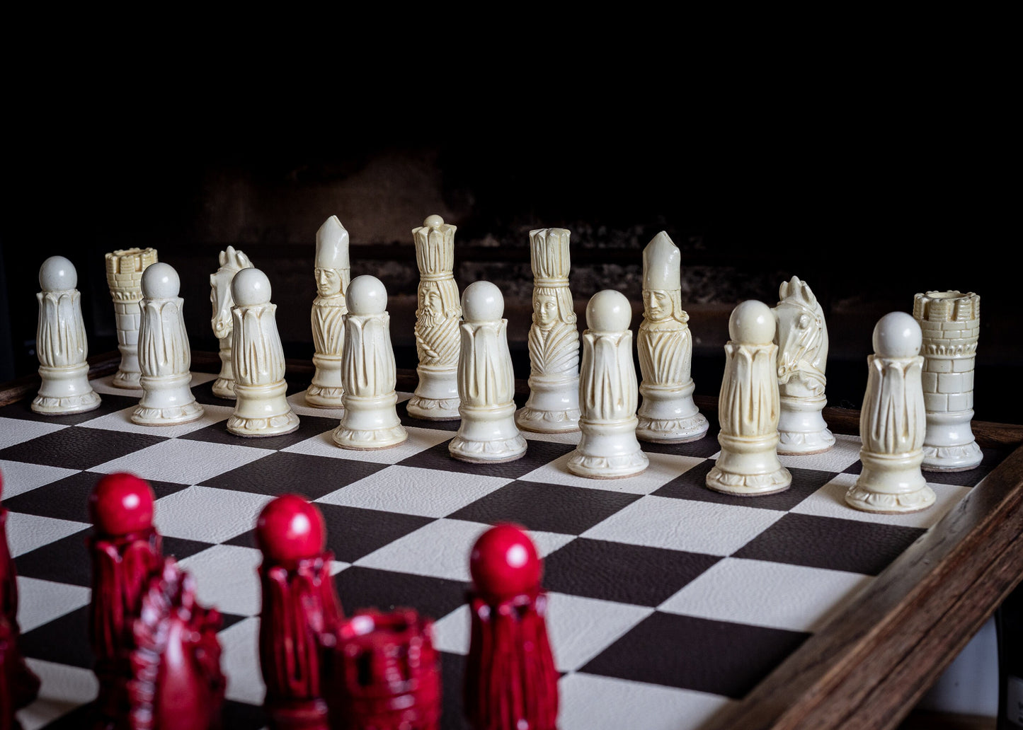 Made to Order - Chess set, Victorian design in a stone and aged red. BOARD NOT INCULDED