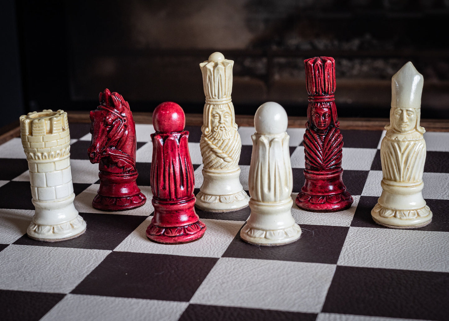 Made to Order - Chess set, Victorian design in a stone and aged red. BOARD NOT INCULDED