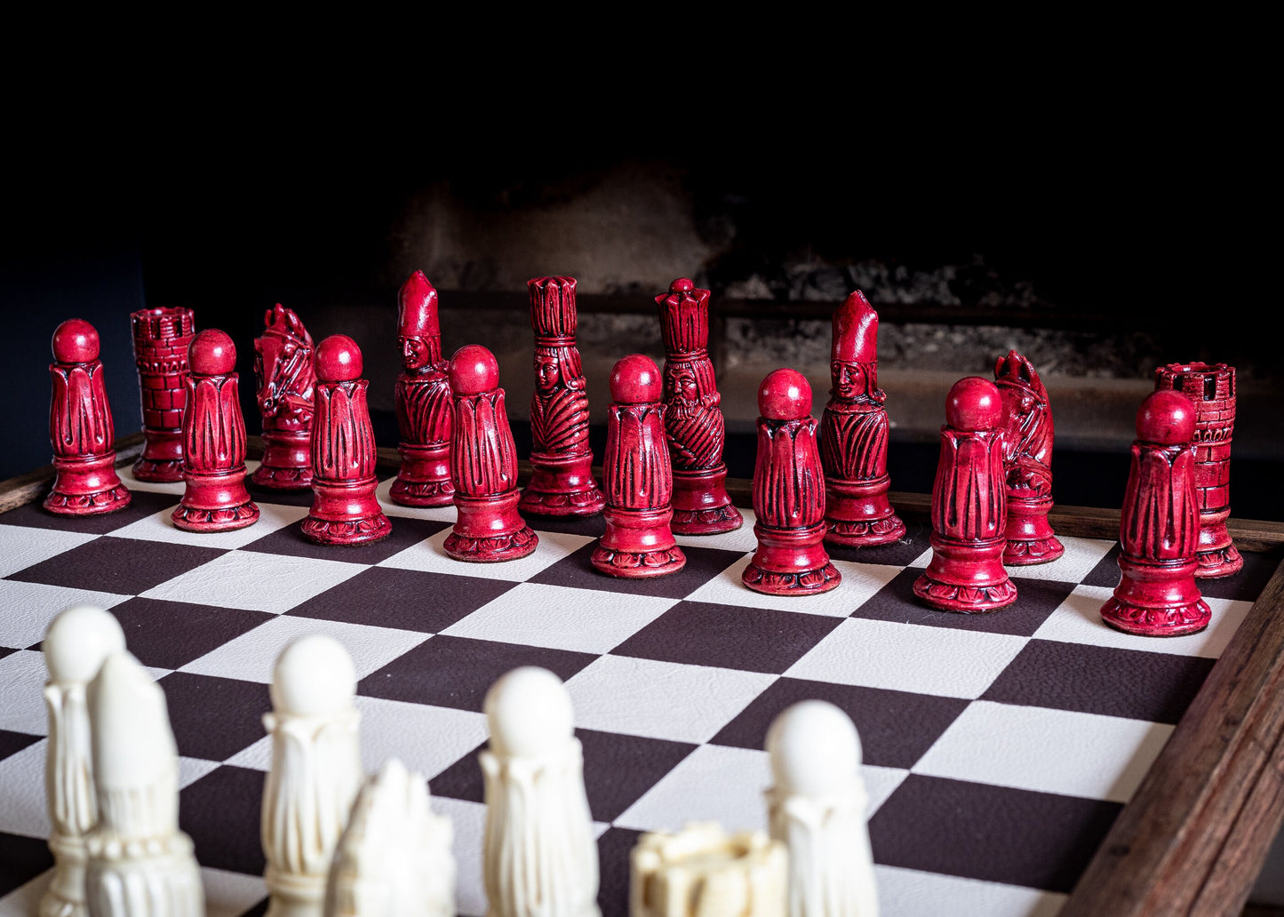 Made to Order - Chess set, Victorian design in a stone and aged red. BOARD NOT INCULDED