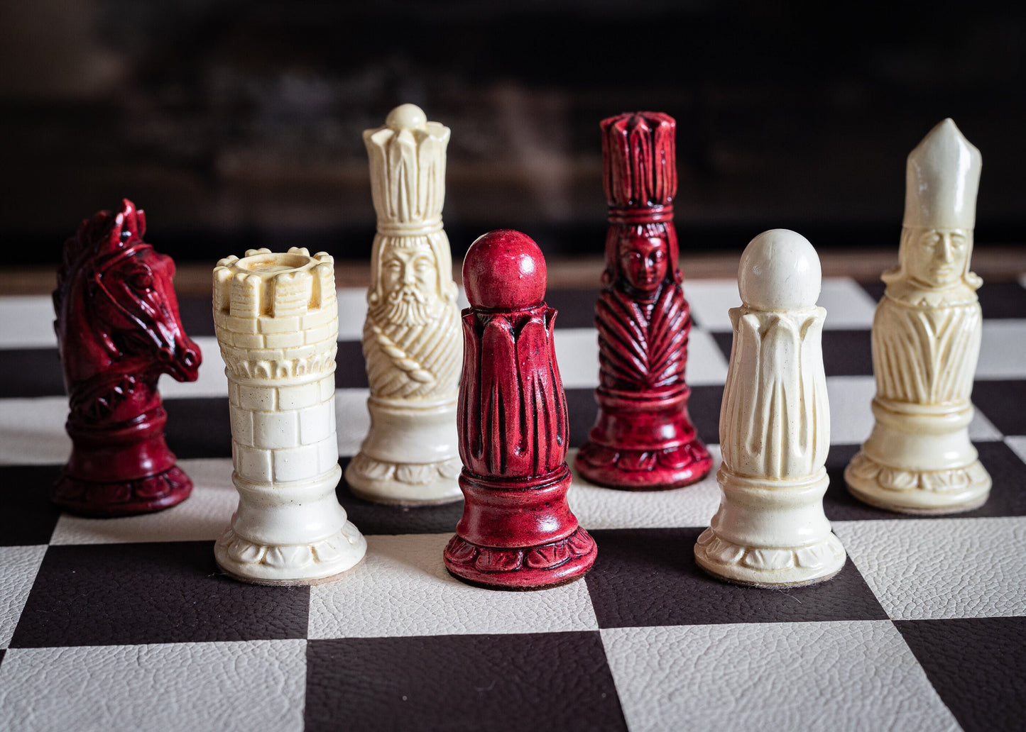 Made to Order - Chess set, Victorian design in a stone and aged red. BOARD NOT INCULDED