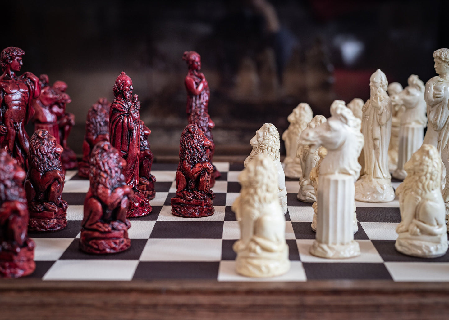 Made to order – Chess set, Classical Greek design finished in a stone and aged red colour. BOARD NOT INCULDED