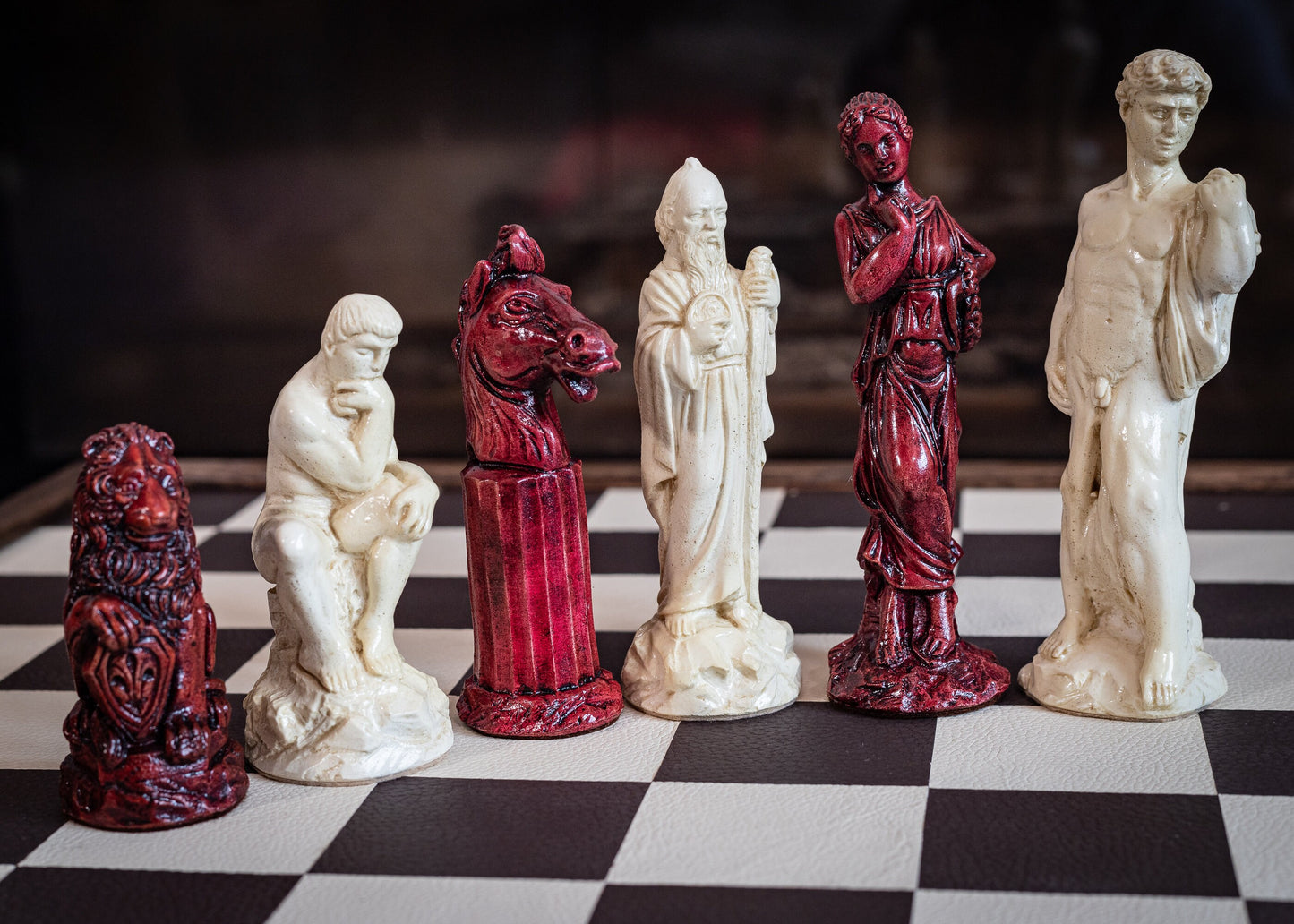 Made to order – Chess set, Classical Greek design finished in a stone and aged red colour. BOARD NOT INCULDED