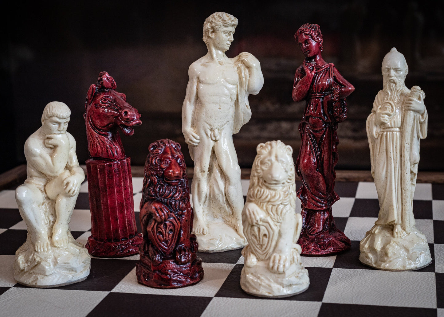 Made to order – Chess set, Classical Greek design finished in a stone and aged red colour. BOARD NOT INCULDED