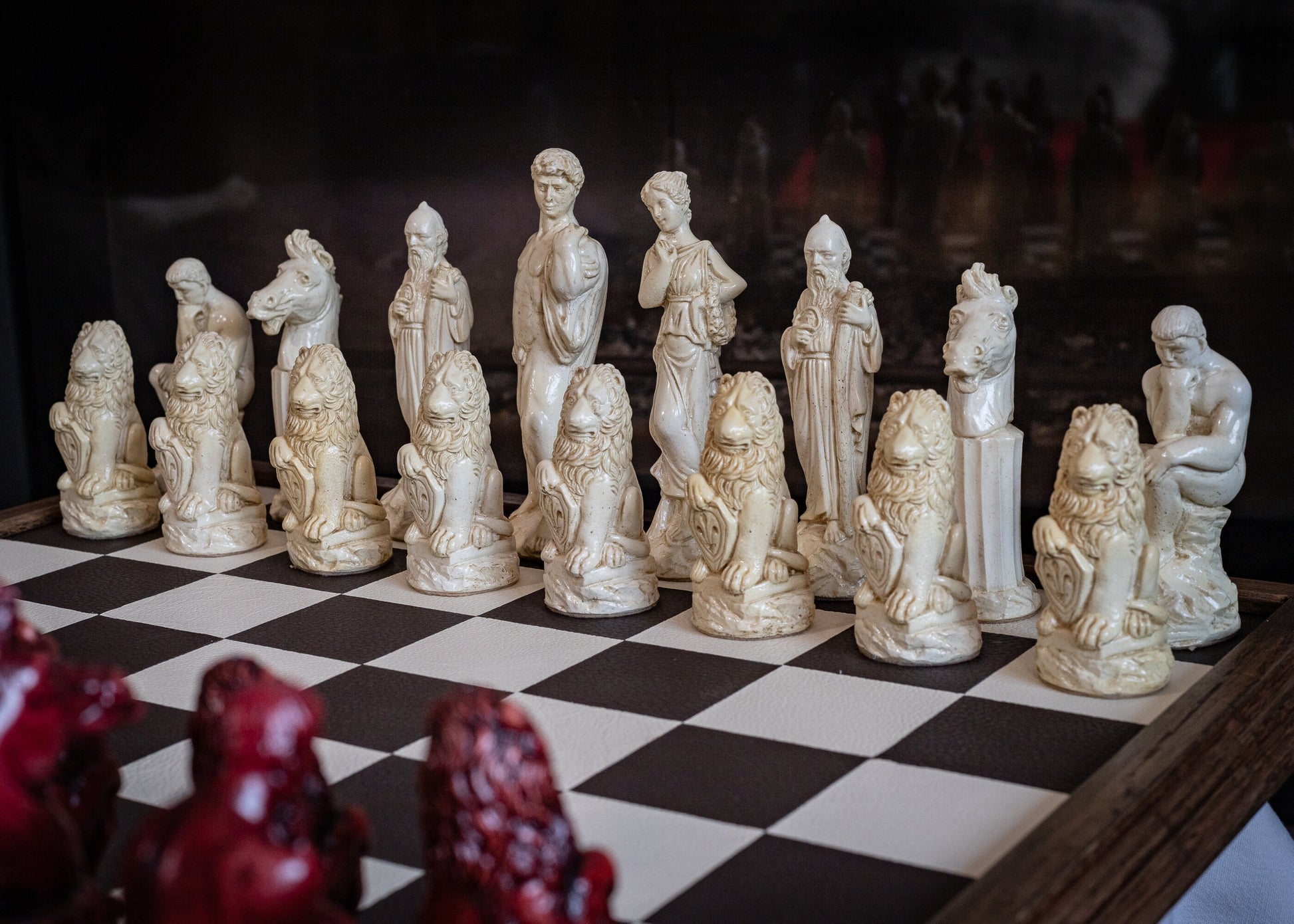 Made to order – Chess set, Classical Greek design finished in a stone and aged red colour. BOARD NOT INCULDED