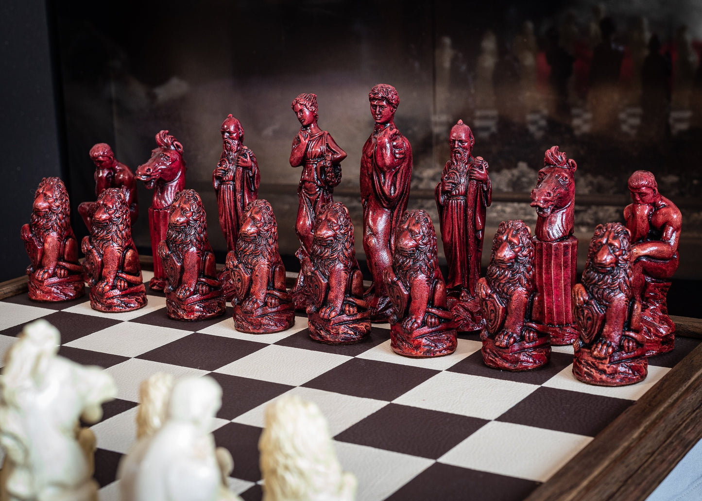 Made to order – Chess set, Classical Greek design finished in a stone and aged red colour. BOARD NOT INCULDED