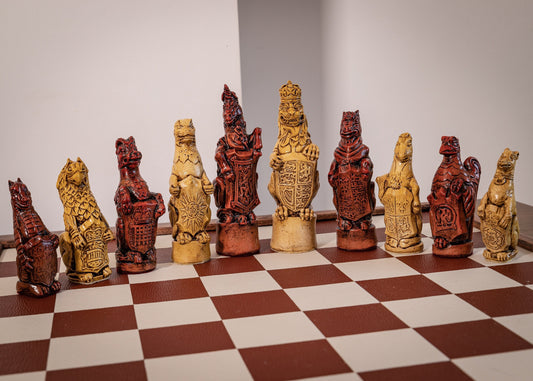 Made to order – Chess set, Queen's or Royal Beasts, for Queen Elizabeth ii, design in aged cream and mahogany colour. BOARD NOT INCULDED