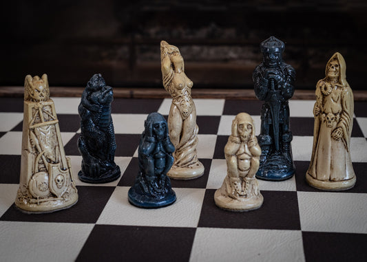 Made to Order – Chess set, Fantasy Warlord design in an aged cream and blue colour. BOARD NOT INCULDED