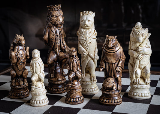 Made to order – Chess set, Reynard the Fox design in a stone and walnut colour. BOARD NOT INCULDED