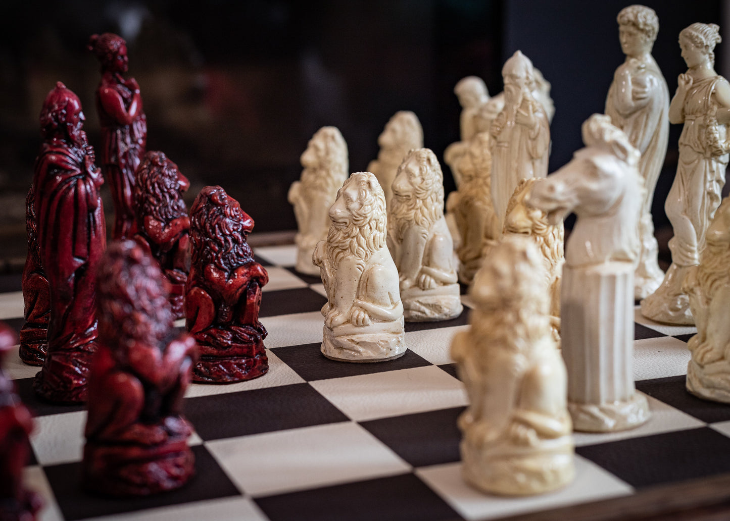 Made to order – Chess set, Classical Greek design finished in a stone and aged red colour. BOARD NOT INCULDED