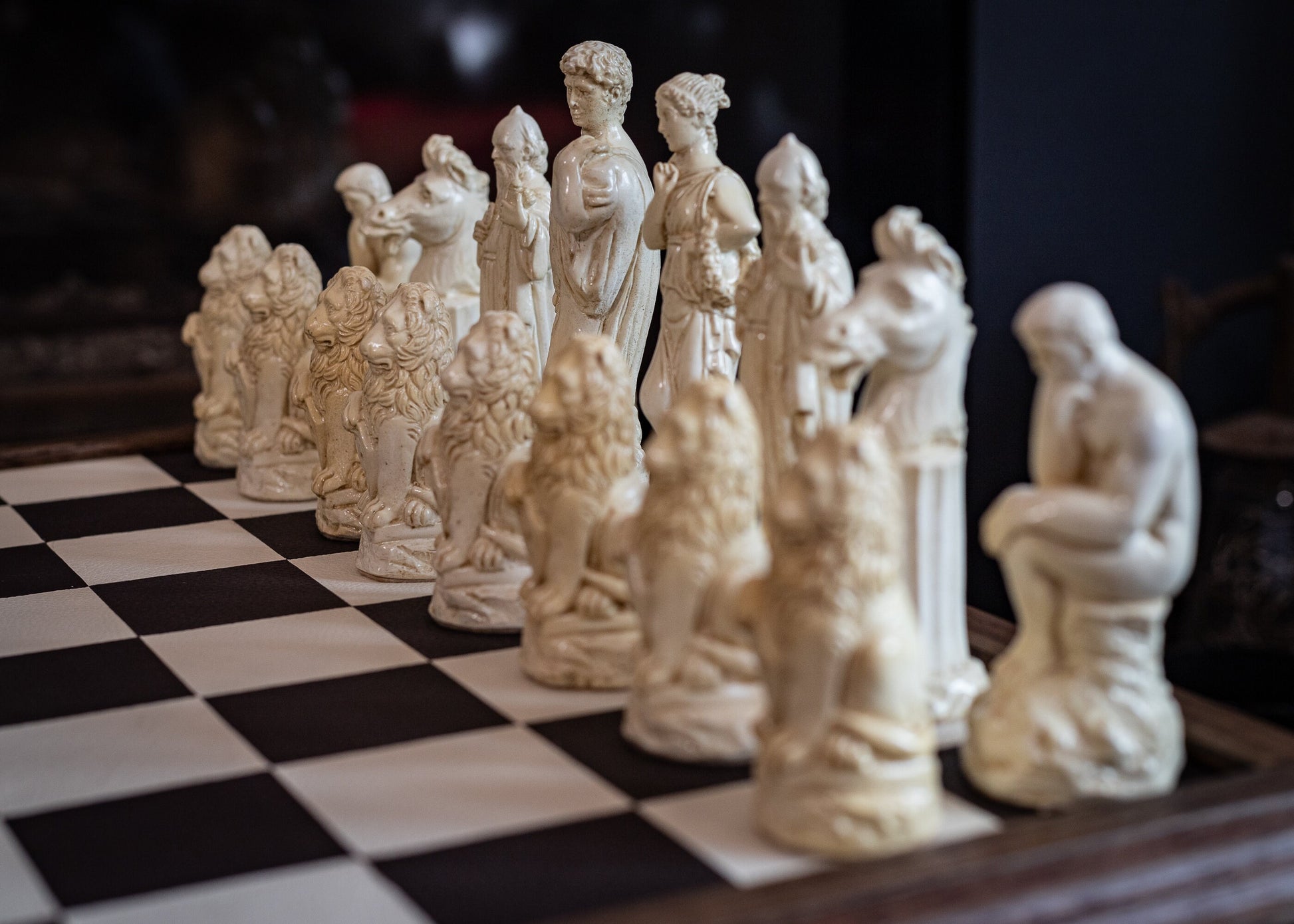 Made to order – Chess set, Classical Greek design finished in a stone and aged red colour. BOARD NOT INCULDED