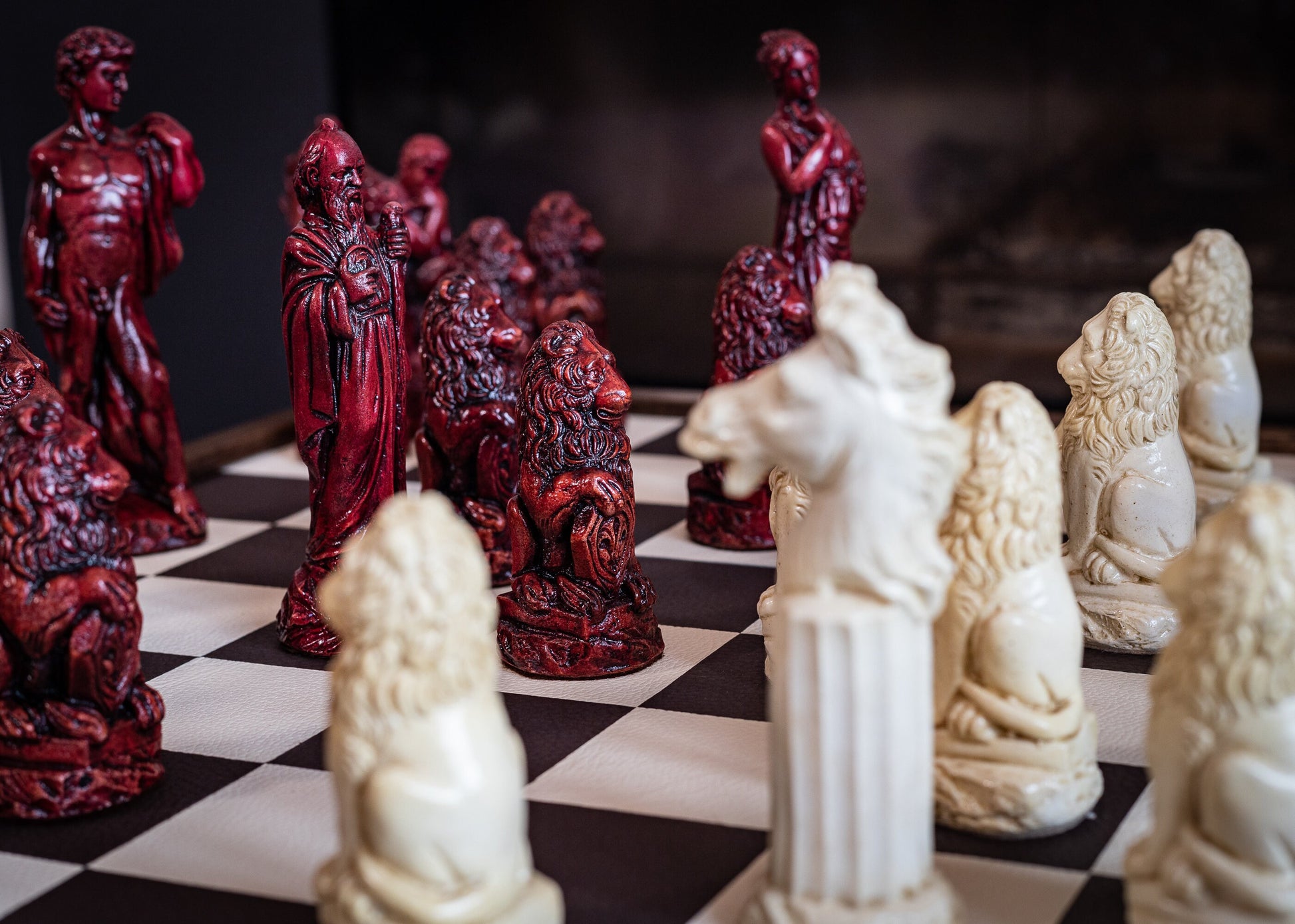 Made to order – Chess set, Classical Greek design finished in a stone and aged red colour. BOARD NOT INCULDED