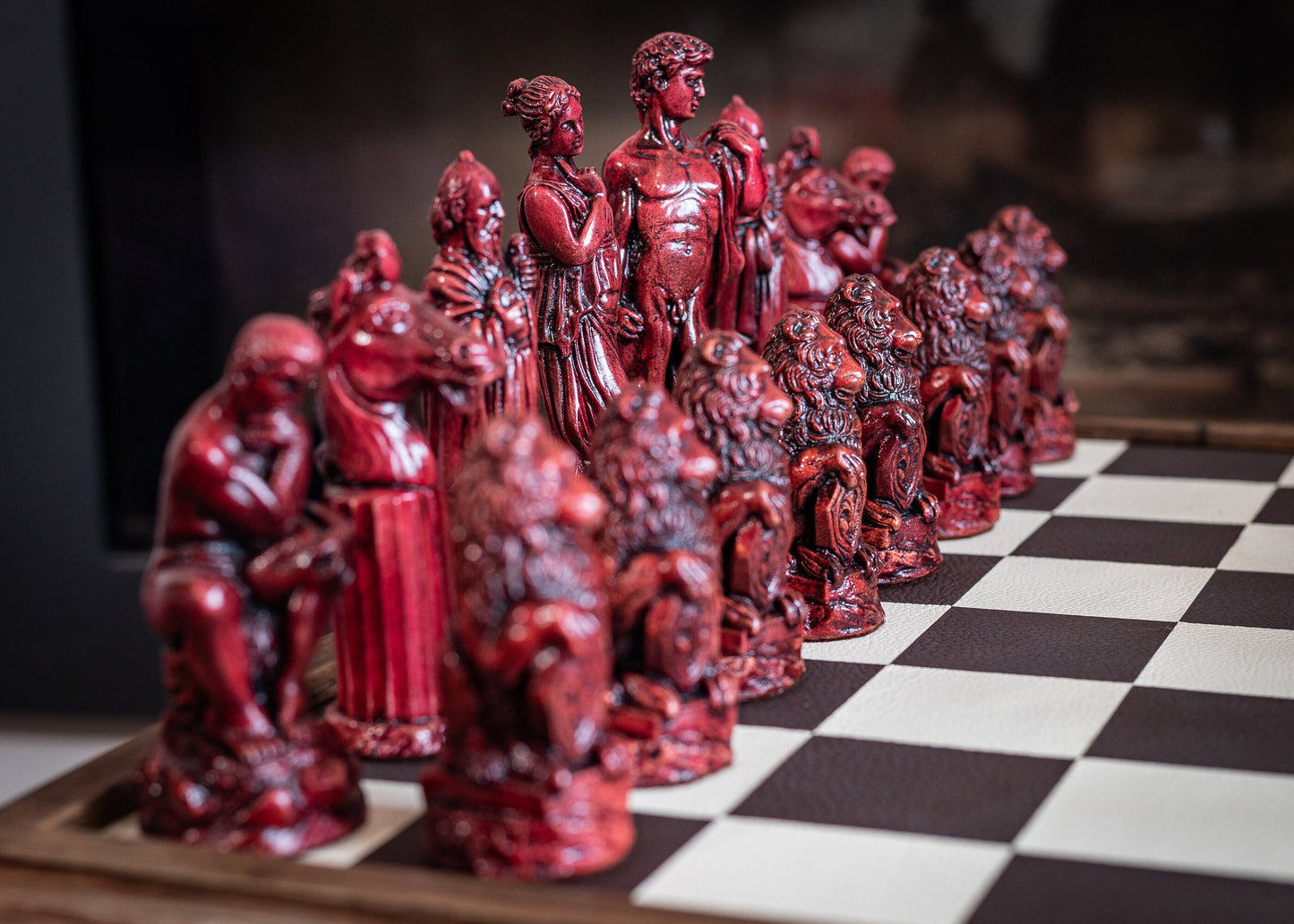 Made to order – Chess set, Classical Greek design finished in a stone and aged red colour. BOARD NOT INCULDED