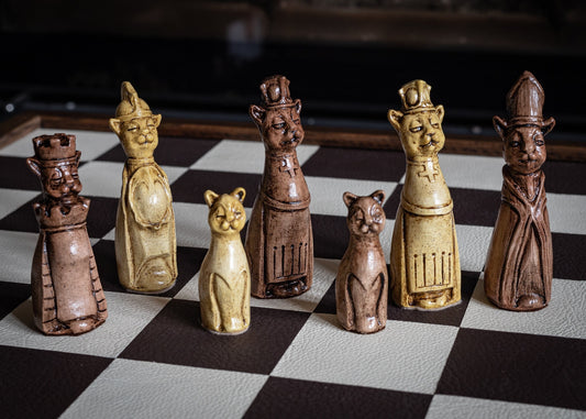 Made to order – Chess set, Royal Cats design in a walnut and antique cream colour. CHESS SET ONLY