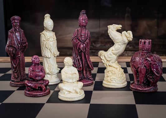 Made to order – Chess set, Eastern design in a stone and aged plum colour. BOARD NOT INCULDED