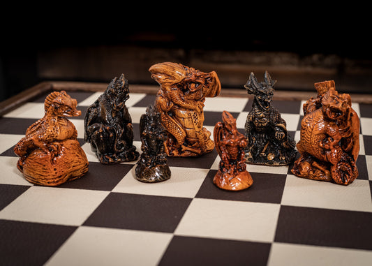 Made To Order – Chess set, Dragons design in a black and mahogany colour. BOARD NOT INCULDED